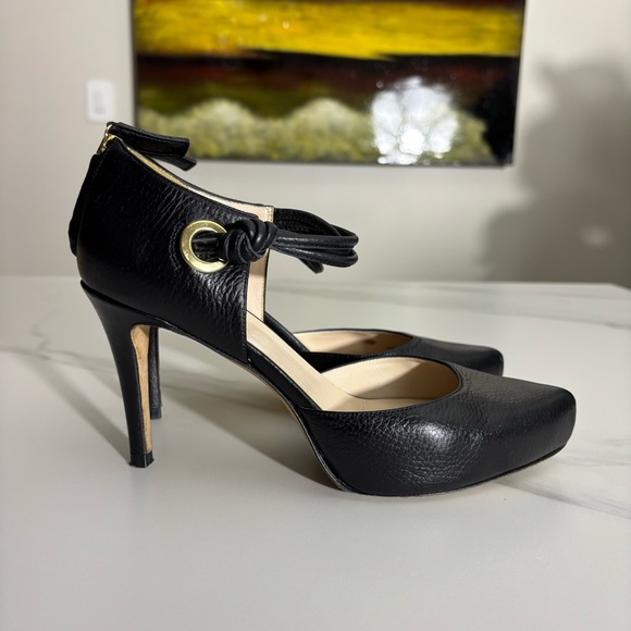 Escada Black Leather Heels with Ankle Strap Sz US 7 - Picture 2 of 13